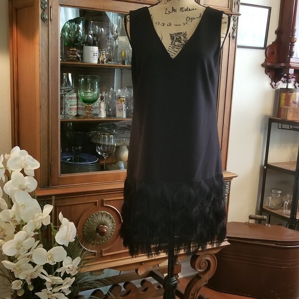 BCBG Black shift dress with fringe bottom size 6